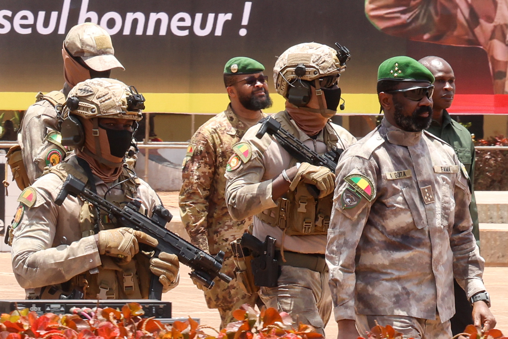 epa12924476 The leader of Mali's military government Assimi Goita (R) pays his respects to late Mali's Defense Minister, Sadio Camara, during a state funeral service in Bamako, Mali, 30 April 2026. Defense Minister Sadio Camara was killed in a suicide car bombing at his Kati residence during a series of coordinated attacks launched on 25 April by Islamic militants and separatists across the West African country. EPA/HADAMA DIAKITE