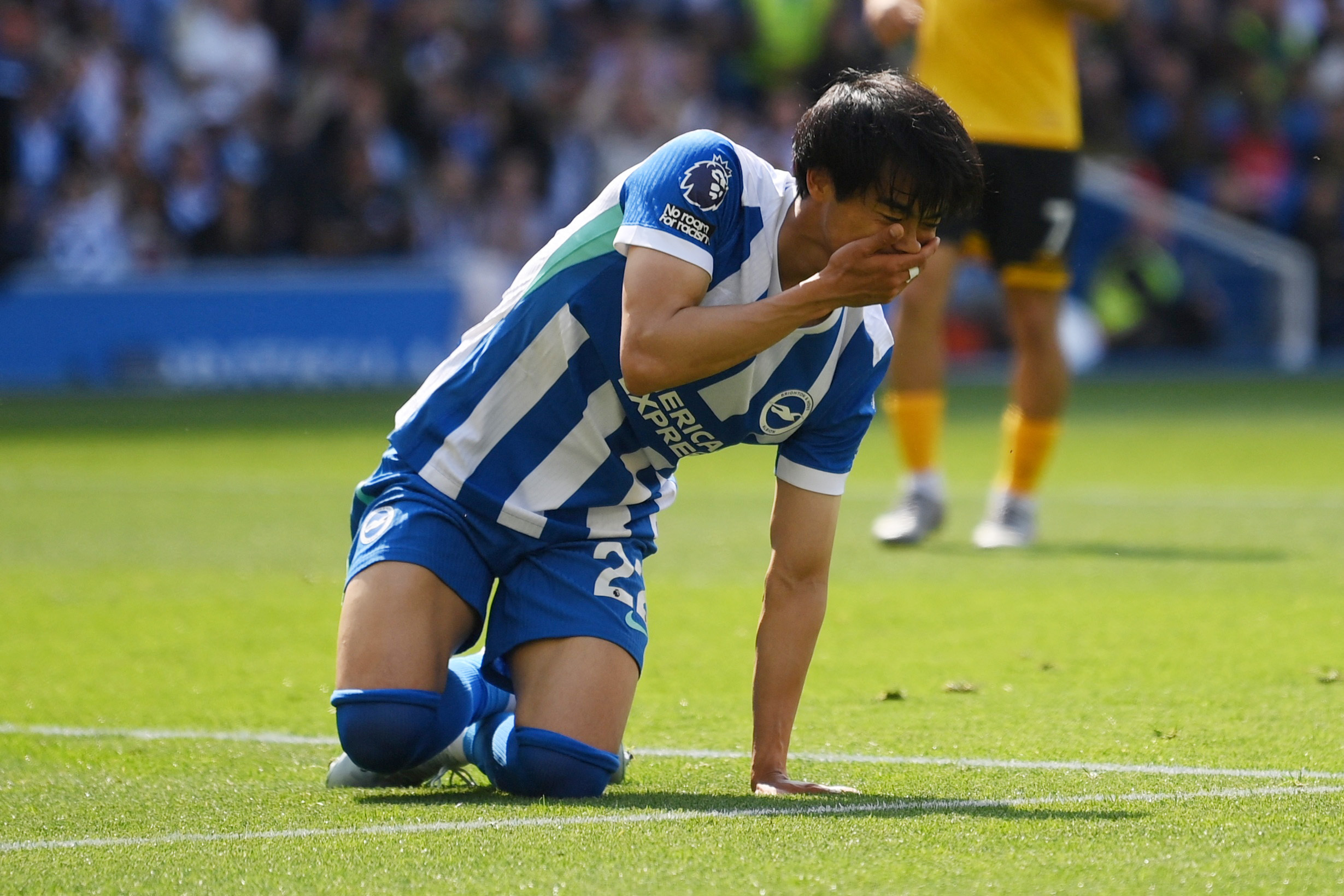 Brighton & Hove Albion's Kaoru Mitoma reacts after a missed chance.