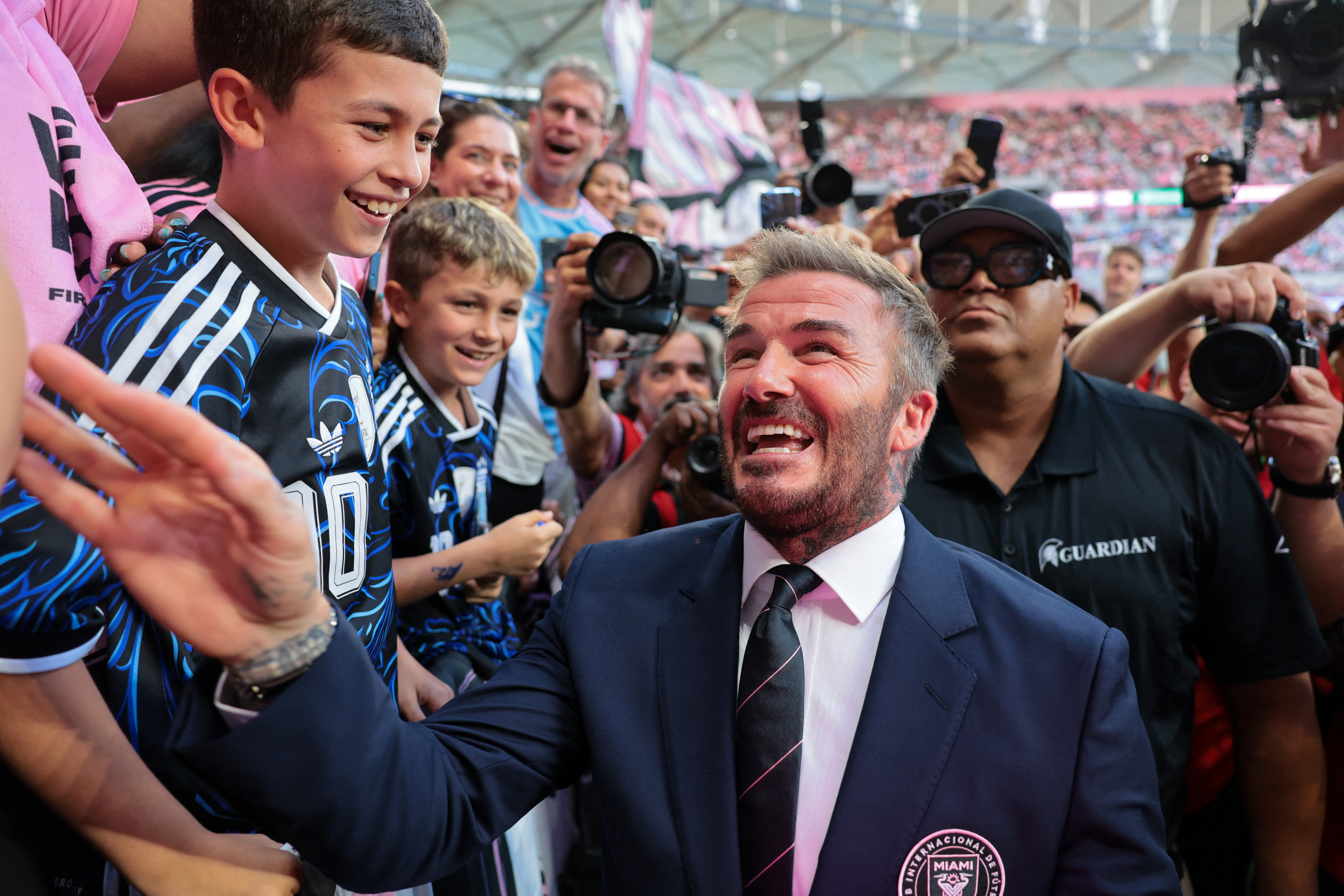 Apr 4, 2026; Miami, Florida, USA; Inter Miami CF owner David Beckham greets fans prior to the game against Austin FC at Nu Stadium. Mandatory Credit: Sam Navarro-Imagn Images