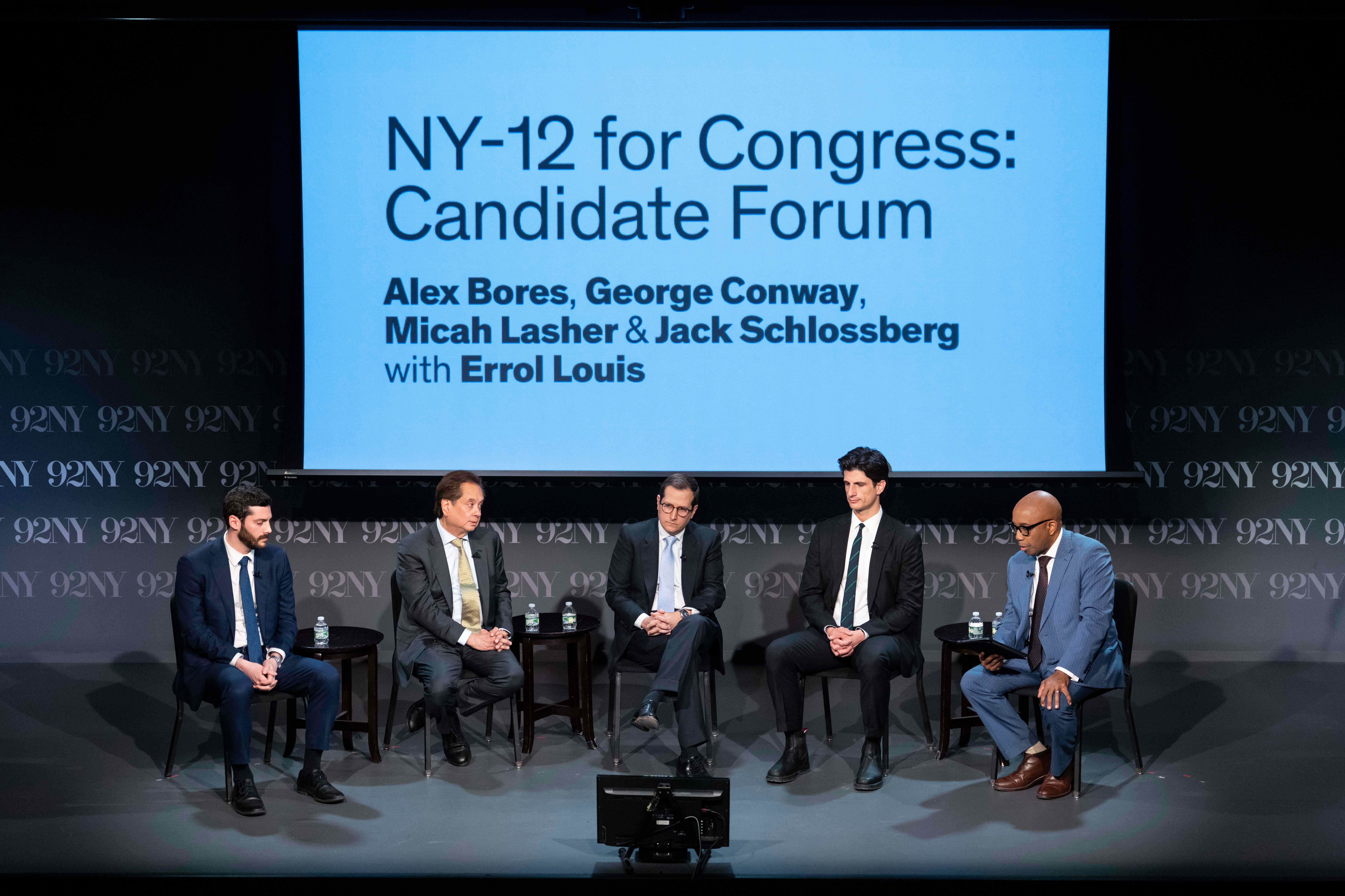 From left, Alex Bores, George Conway, Micah Lasher, and Jack Schlossberg, democratic candidates in New York's 12th Congressional District, and Errol Louis attend "NY-12 for Congress: Candidate Forum" at 92NY, Wednesday, April 15, 2026, in New York. (AP Photo/Yuki Iwamura)