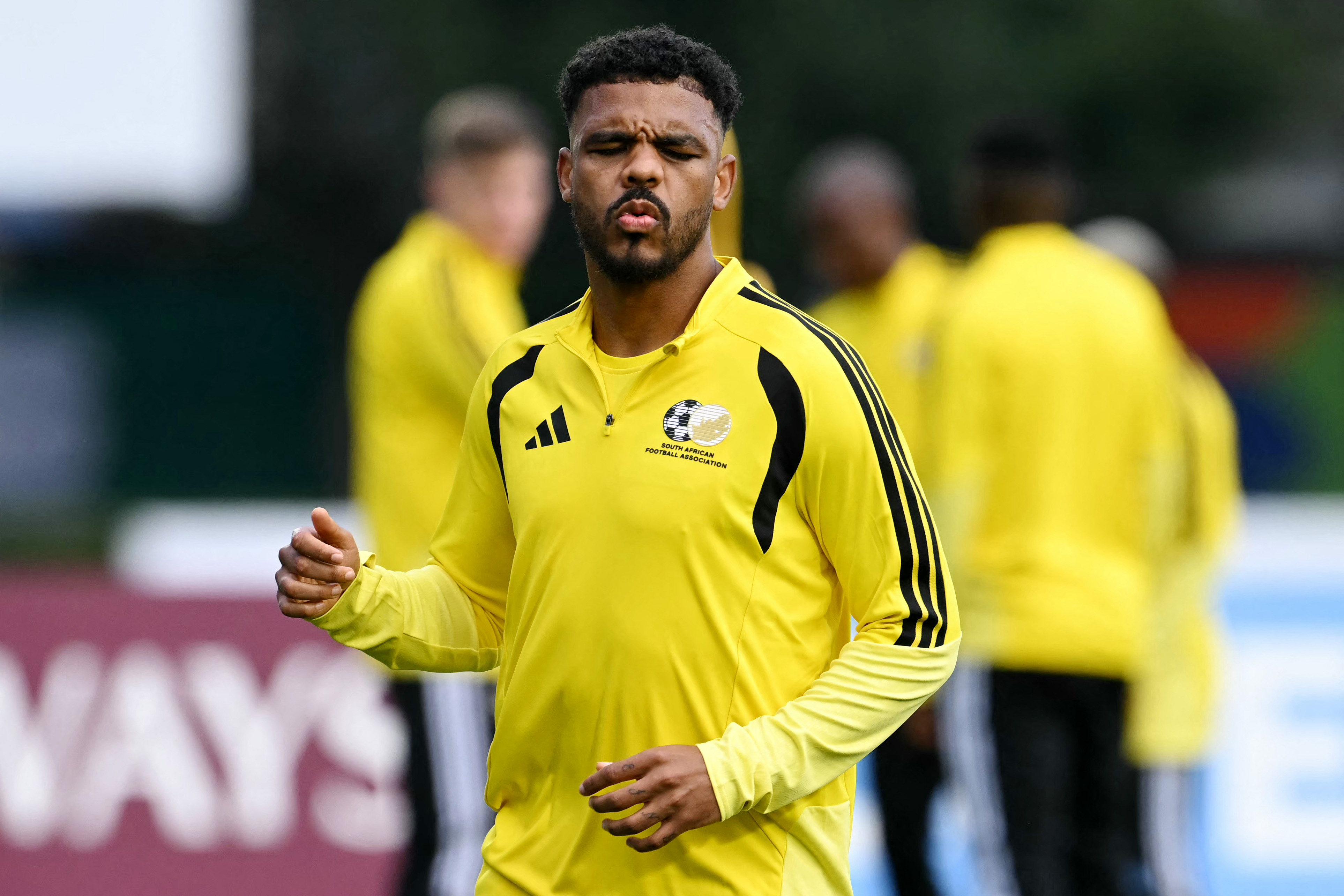 South Africa's forward #09 Lyle Foster takes part in a training session at the Club America Training Site in Mexico City on June 10, 2026, on the eve of the 2026 World Cup football match between Mexico and South Africa. (Photo by Yuri CORTEZ / AFP)