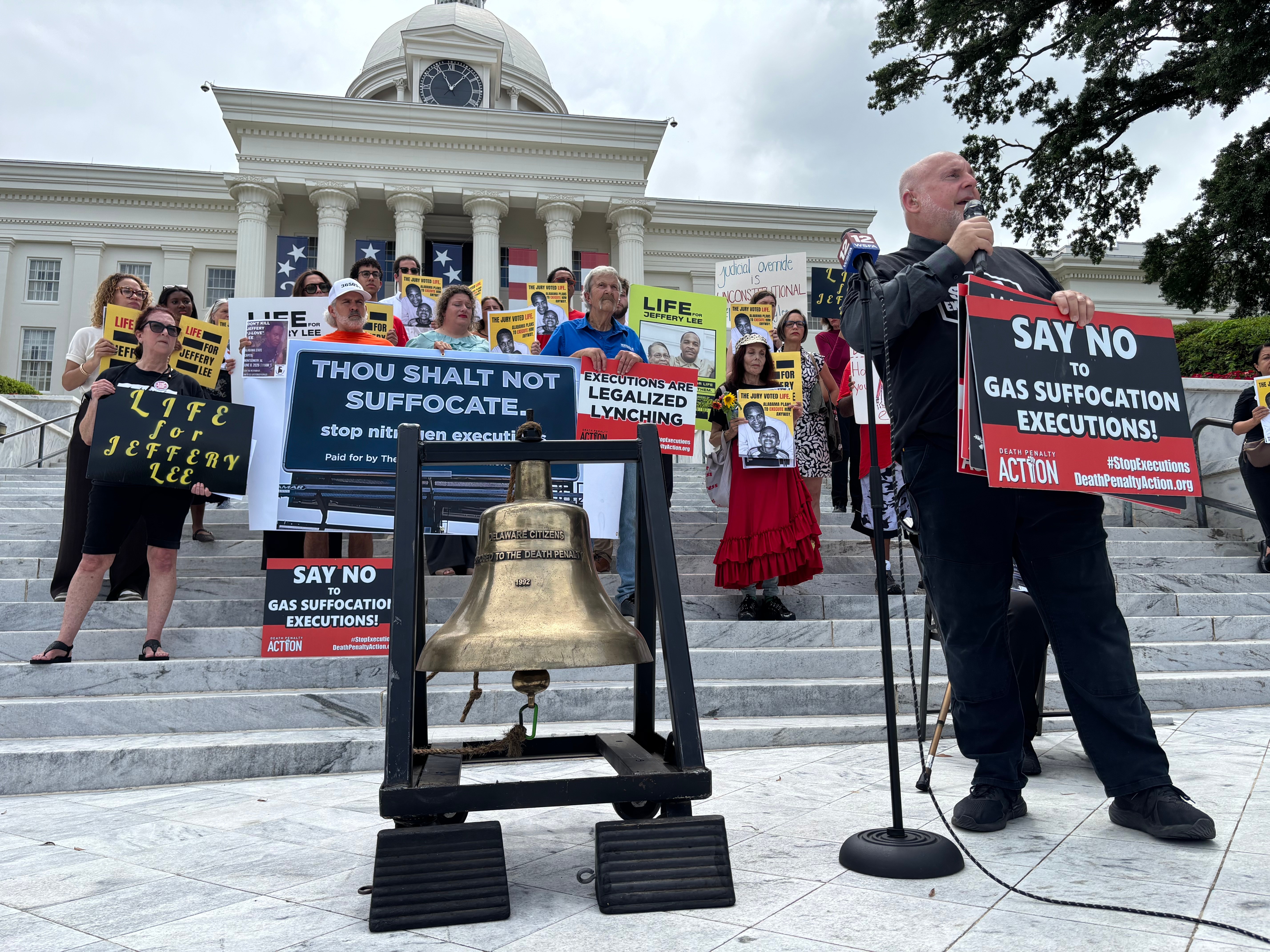 Abraham Bonowitz, of the group Death Penalty Action, leads a demonstration outside the Capitol in Montgomery, Ala., on Monday, June 8, 2026, to oppose an upcoming execution in Alabama. (AP Photo/Kim Chandler)