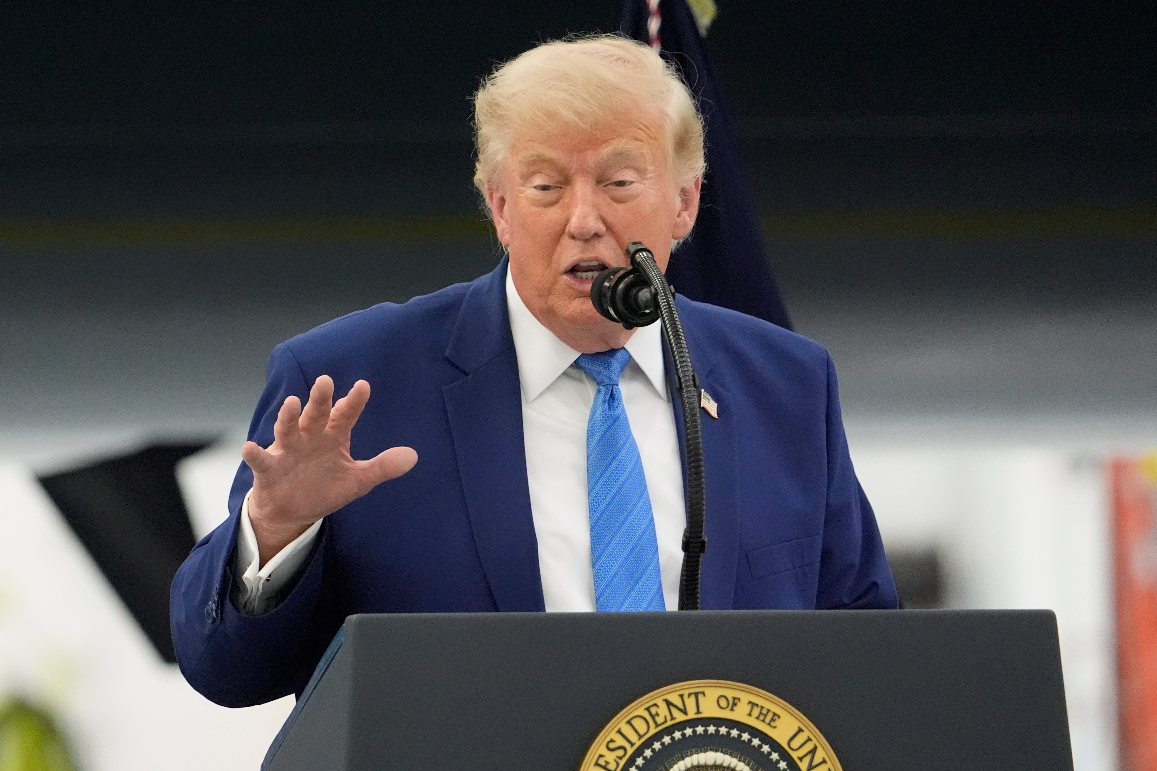 President Donald Trump speaks after touring the newly designated Air Force One presidential aircraft at Joint Base Andrews, Md., Friday, June 19, 2026. (AP Photo/Manuel Balce Ceneta)