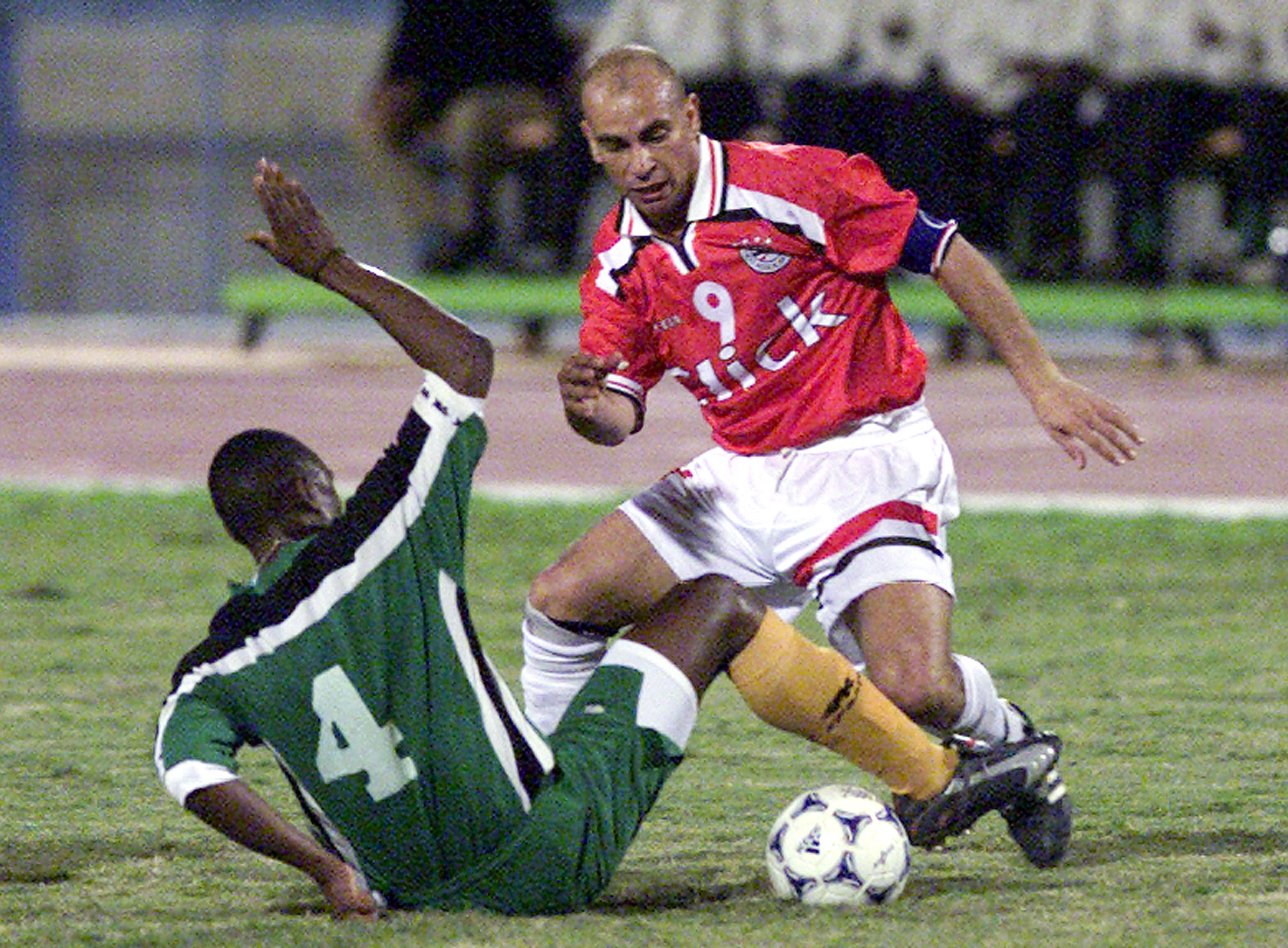 Egyptian striker Hossam Hassan maneuvers the ball during a friendly international match against Zambia in Cairo January 9, 2001. 