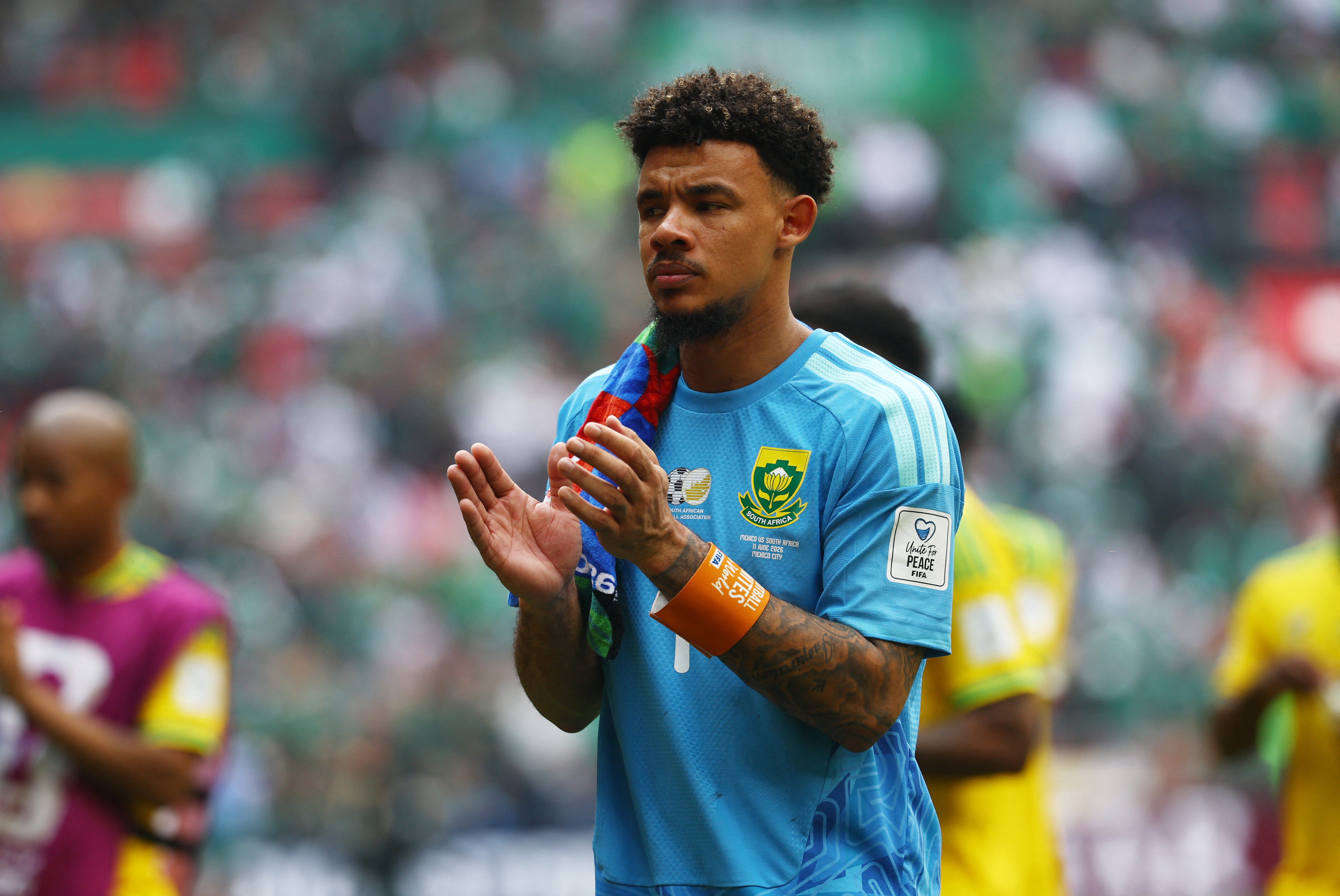 Soccer Football - FIFA World Cup 2026 - Group A - Mexico v South Africa - Estadio Azteca, Mexico City, Mexico - June 11, 2026 South Africa's Ronwen Williams applauds their fans after the match REUTERS/Kai Pfaffenbach