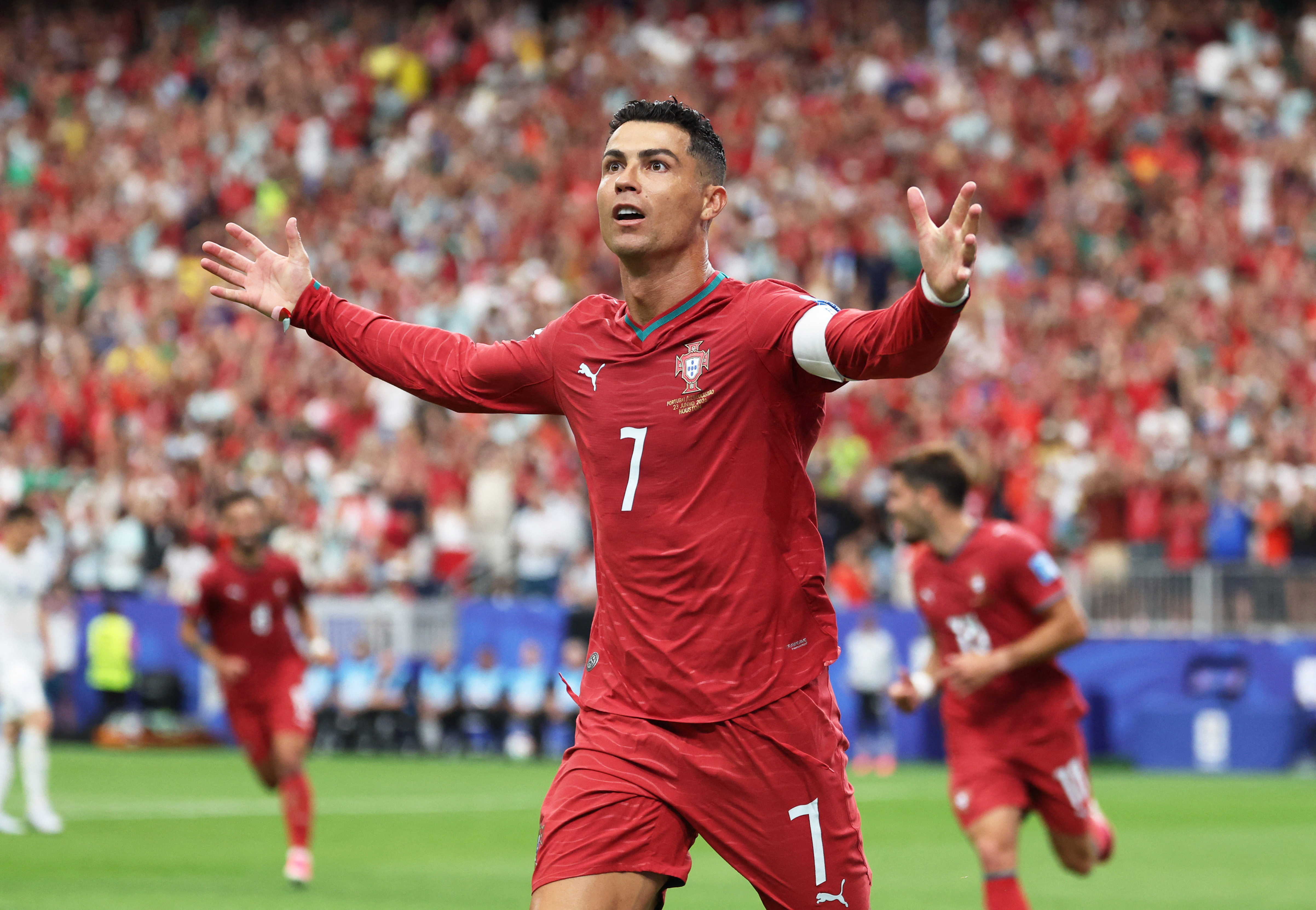 Soccer Football - FIFA World Cup 2026 - Group K - Portugal v Uzbekistan - Houston Stadium, Houston, Texas, U.S. - June 23, 2026 Portugal's Cristiano Ronaldo celebrates scoring their third goal IMAGN IMAGES via Reuters/Troy Taormina