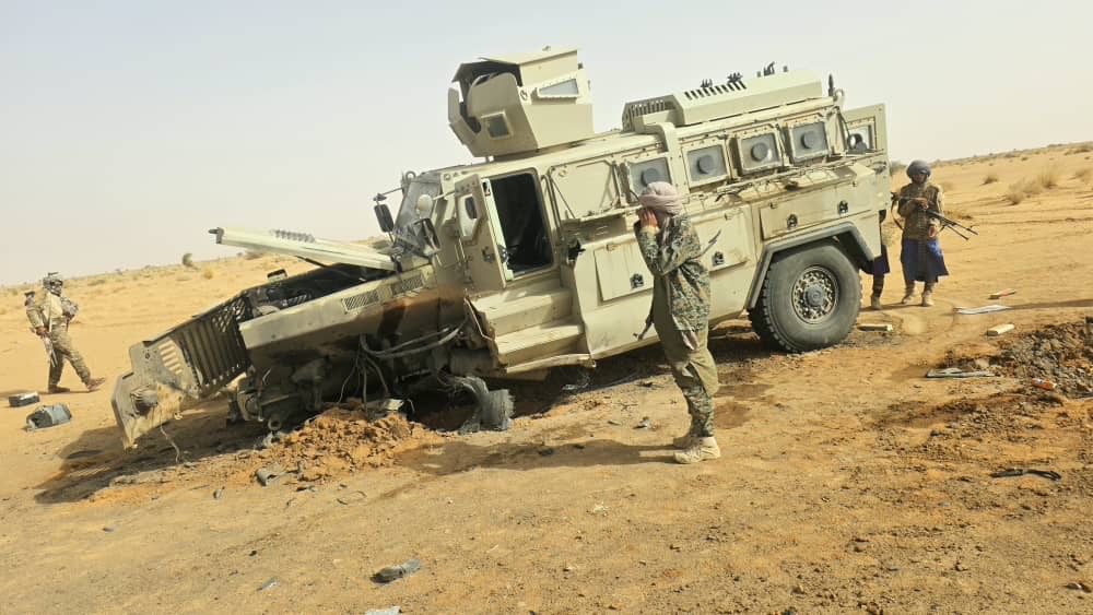 The wreckage of a vehicle in Mali, where years of fighting have taken a heavy toll on communities and security forces [Azaward Liberation Front via AP]