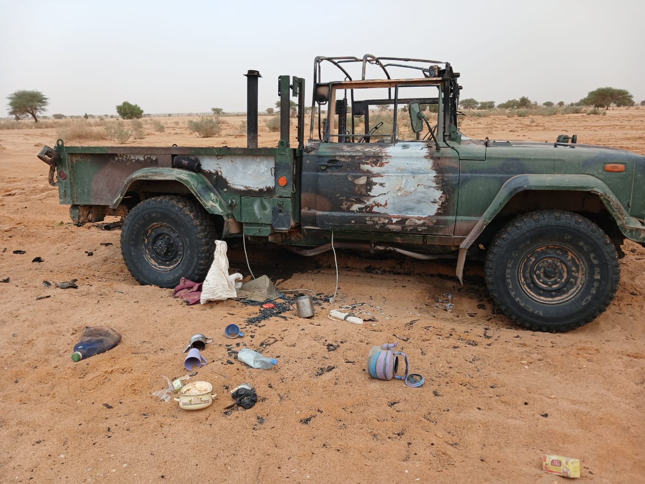 A destroyed vehicle at the site of recent fighting in northern Mali [Photo: Courtesy of the Azawad Liberation Front (FLA)]
