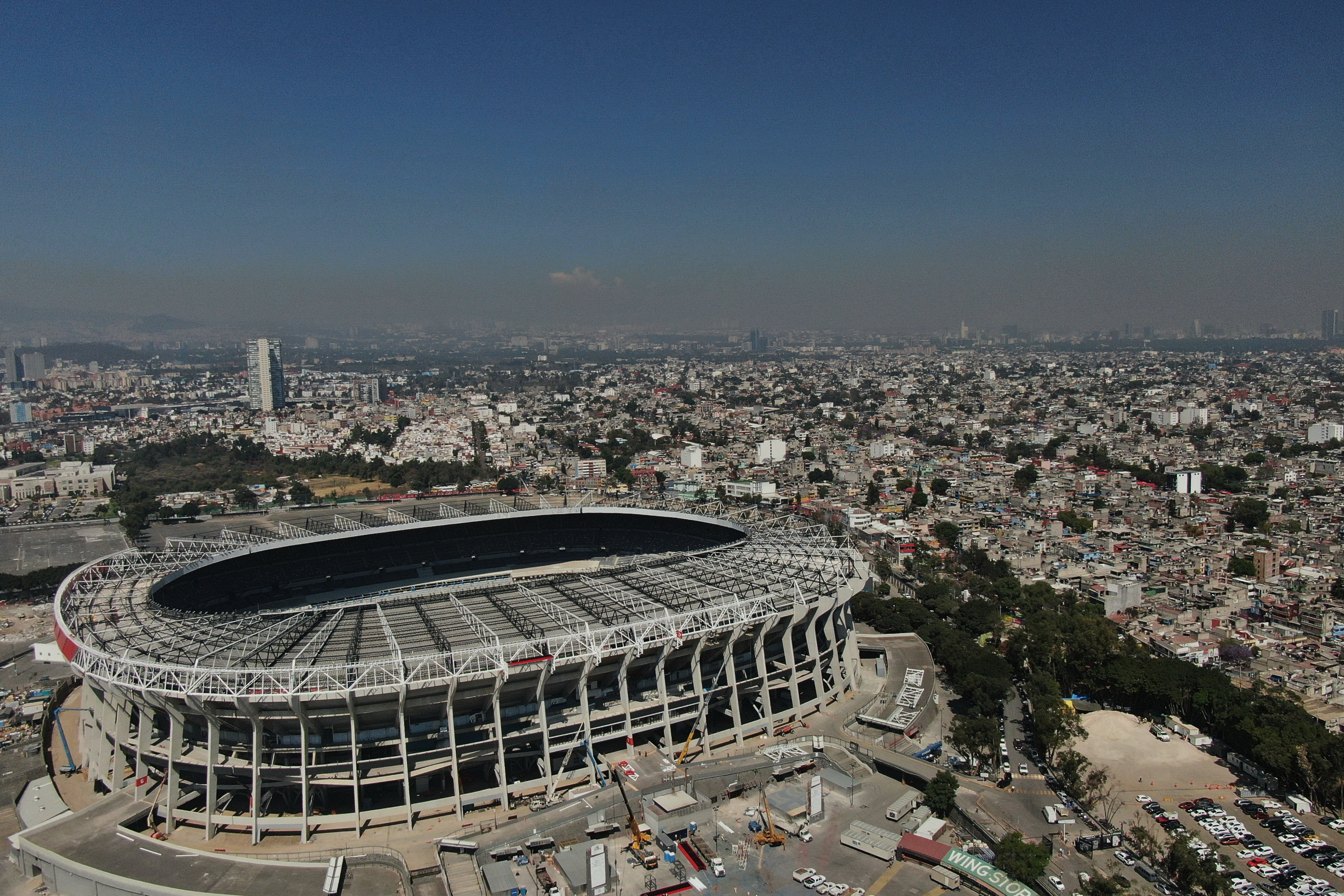 FILE - Azteca Stadium sits in Mexico City, 100 days before the opening ceremony of the 2026 FIFA soccer World Cup, Tuesday, March 3, 2026. (AP Photo/Fernando Llano, File)