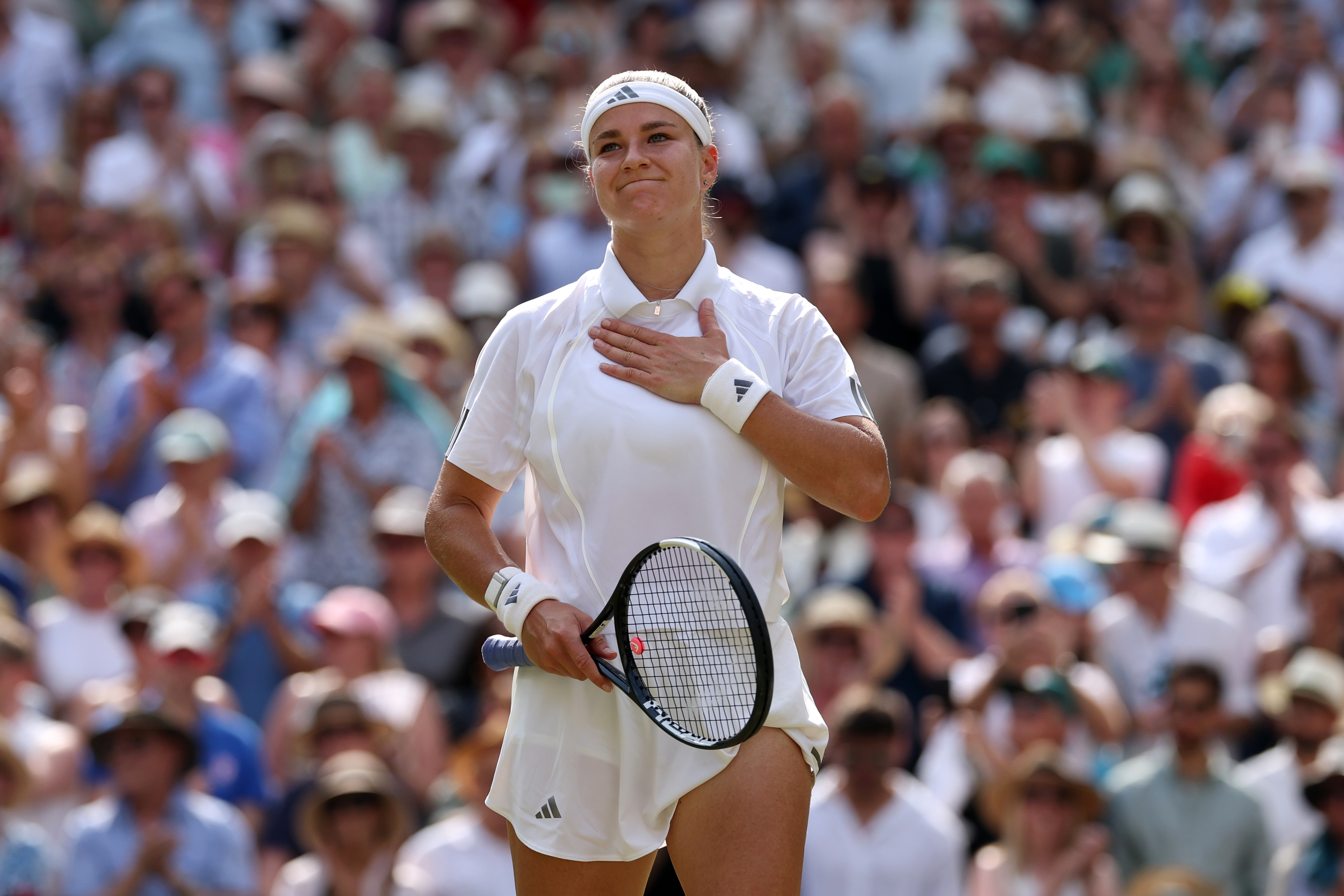 LONDON, ENGLAND - JULY 09: Karolina Muchova of Czechia acknowledges the crowd following victory over Coco Gauff of United States during their Ladies' Singles semifinal match on day eleven of The Championships Wimbledon 2026 at All England Lawn Tennis and Croquet Club on July 09, 2026 in London, England. (Photo by Matthew Stockman/Getty Images)