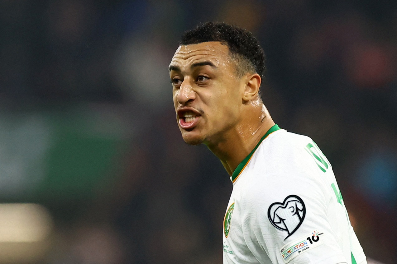 Soccer Football - World Cup - UEFA Qualifiers - Group F - Hungary v Republic of Ireland - Puskas Arena, Budapest, Hungary - November 16, 2025 Republic of Ireland's Adam Idah reacts REUTERS/Bernadett Szabo
