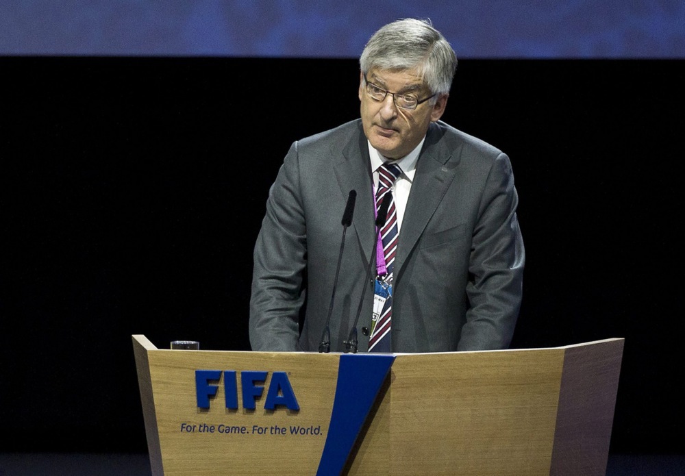 England's David Bernstein, Chairman of The Football Association, presents FA'a proposal to postpone the presidents election during the 61st FIFA Congress
