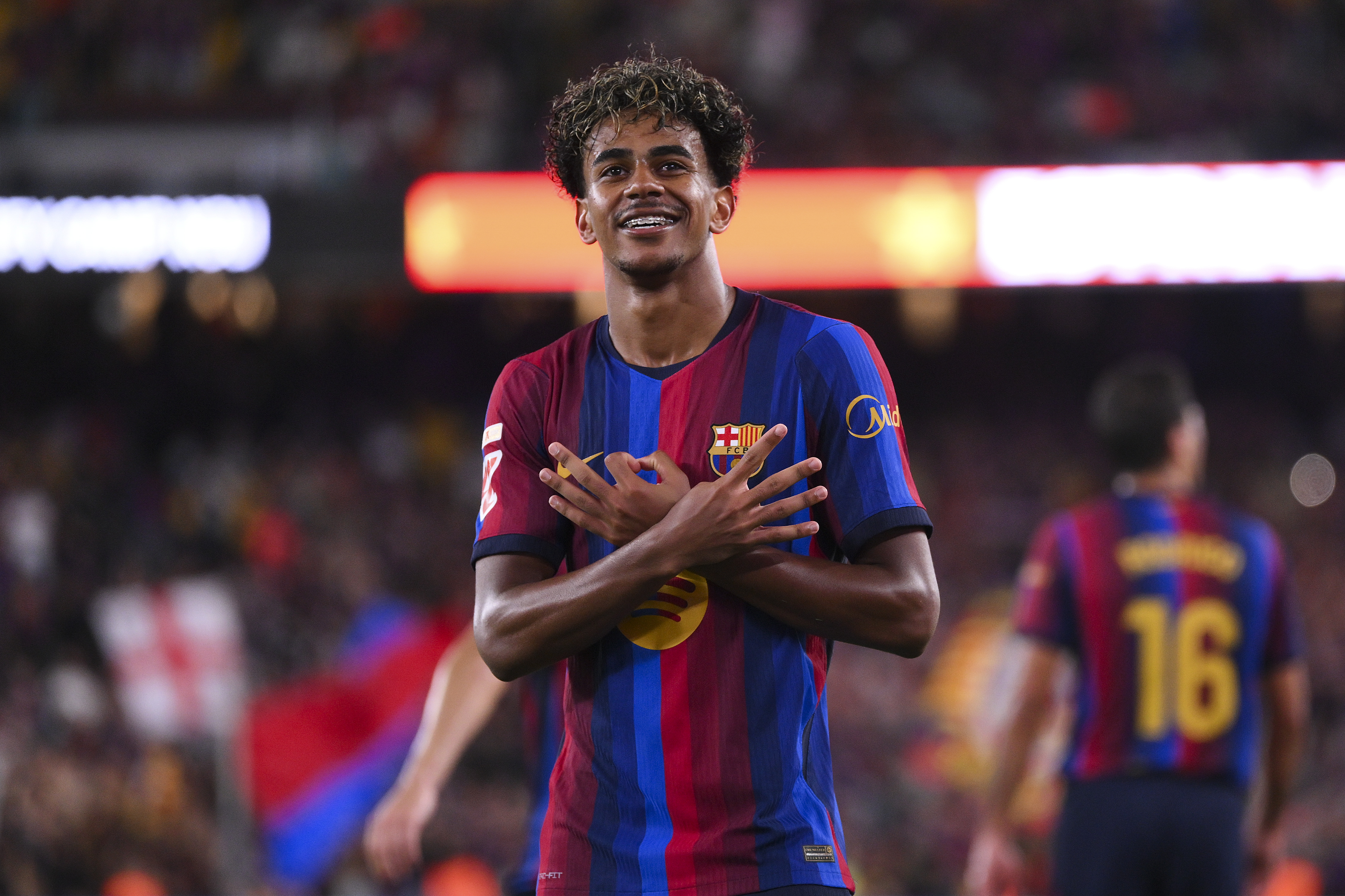 BARCELONA, SPAIN - AUGUST 31: Lamine Yamal of FC Barcelona celebrates their team's fifth goal during the LaLiga EA Sports 2026/27 match between FC Barcelona and Rayo Vallecano de Madrid at Spotify Camp Nou on August 31, 2026 in Barcelona, Spain. (Photo by David Ramos/Getty Images)