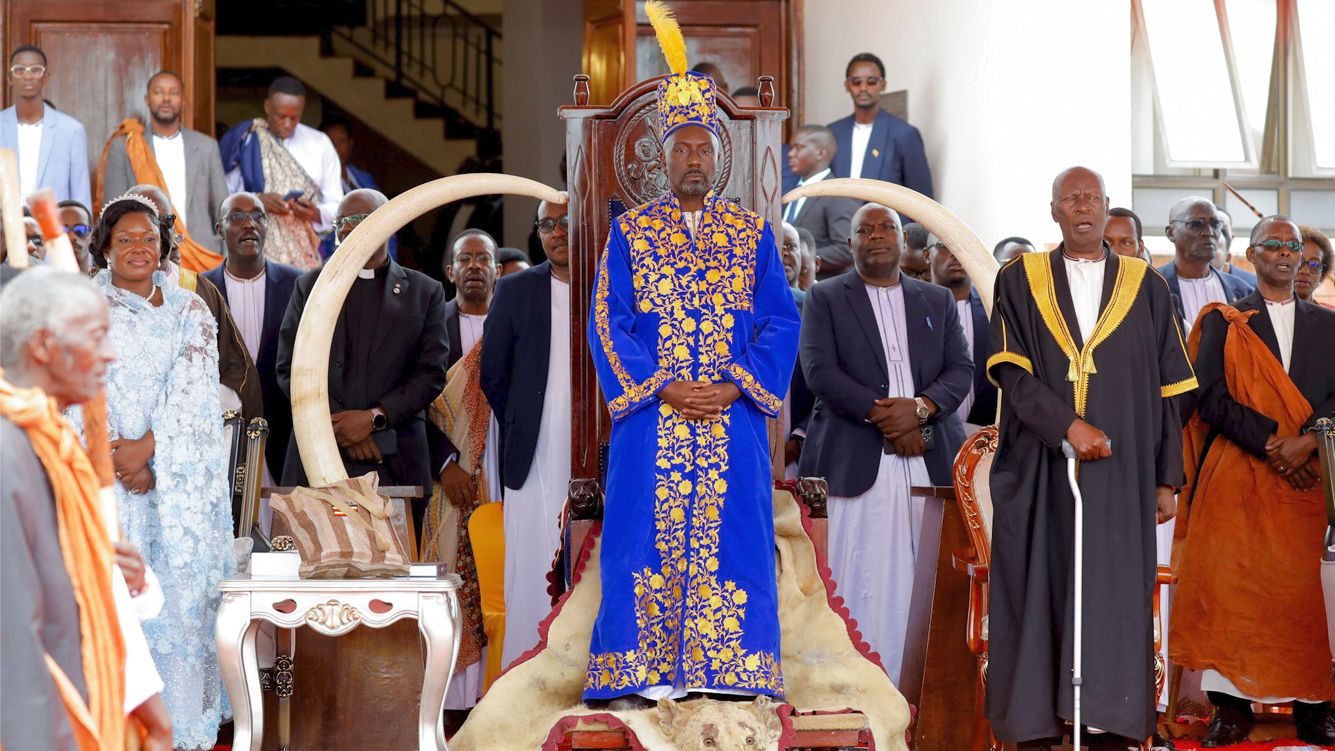 King Edward Rukidi Nyabongo 1 of the Tooro Kingdom stands on his throne as the 13th monarch of the Batooro people in a ritual-laden coronation at the Karuziika palace, Fort Portal, Uganda September 29, 2026. REUTERS/Abubaker Lubowa