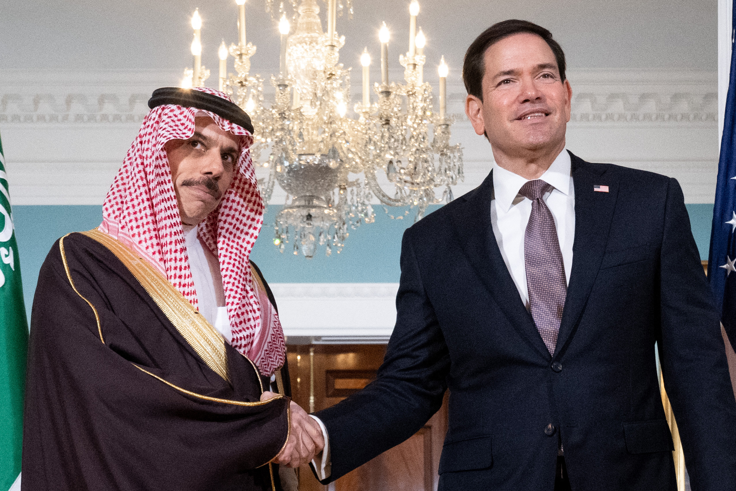 US Secretary of State Marco Rubio (R) meets Saudi Arabia's Foreign Minister Faisal bin Farhan Al-Saud at the State Department in Washington, DC on September 28, 2026. (Photo by SAUL LOEB / AFP)