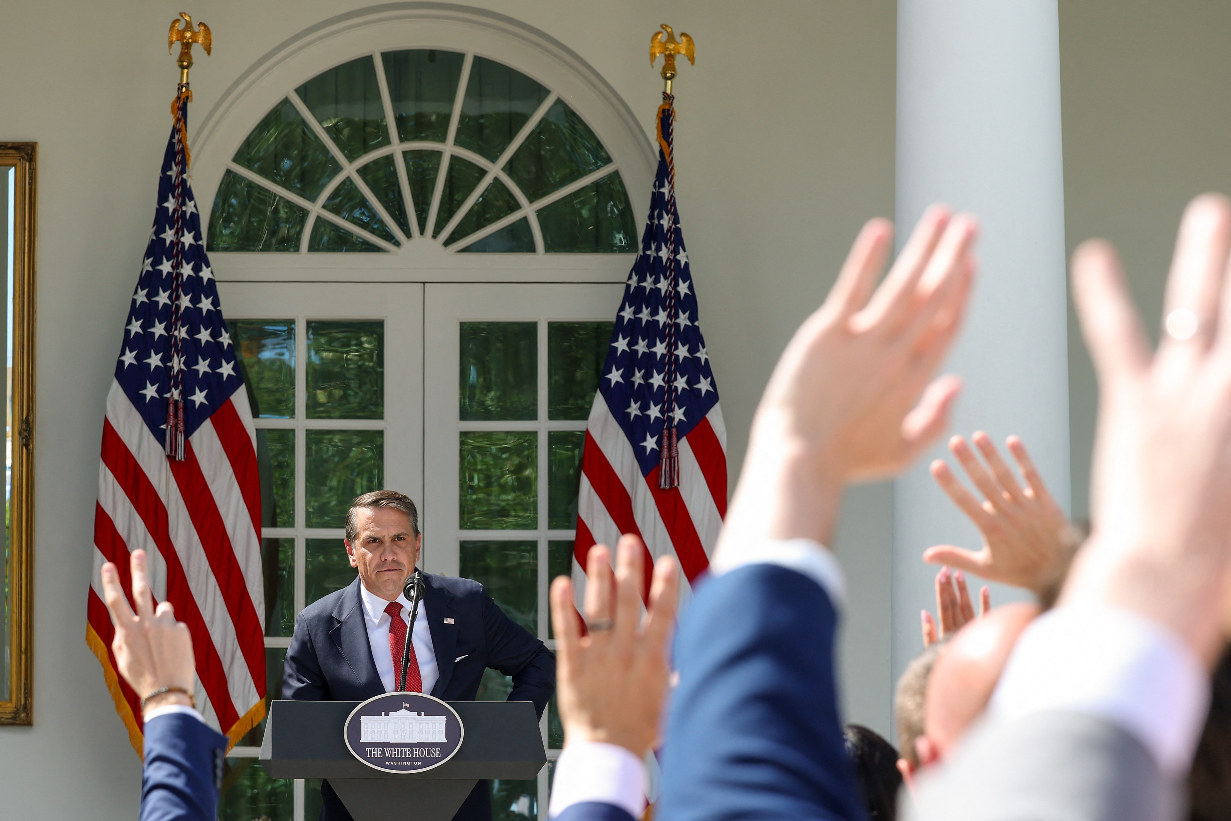WASHINGTON, DC - SEPTEMBER 15: U.S. Attorney General Todd Blanche answers questions during a press briefing in the Rose Garden of the White House on September 15, 2026 in Washington, DC. Blanche addressed several topics including the U.S. Supreme Court declining to allow a U.S. Postal Service rule restricting the use of mail-in ballots in the November midterm elections. Kevin Dietsch/Getty Images/AFP (Photo by Kevin Dietsch / GETTY IMAGES NORTH AMERICA / Getty Images via AFP)