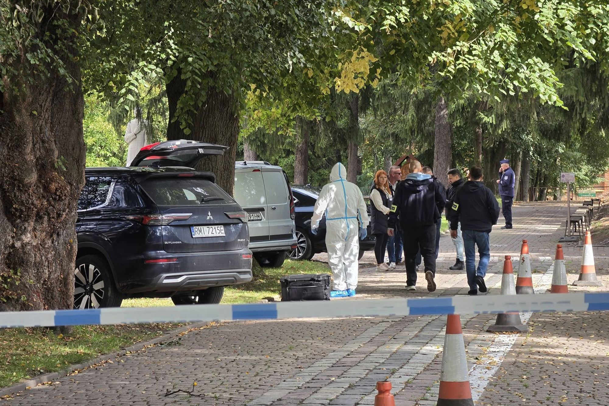 In this handout photograph taken and released by Gazeta Jaroslawska on September 24, 2026, Polish law enforcement officers work at the site of a knife attack in Jaroslaw, eastern Poland.