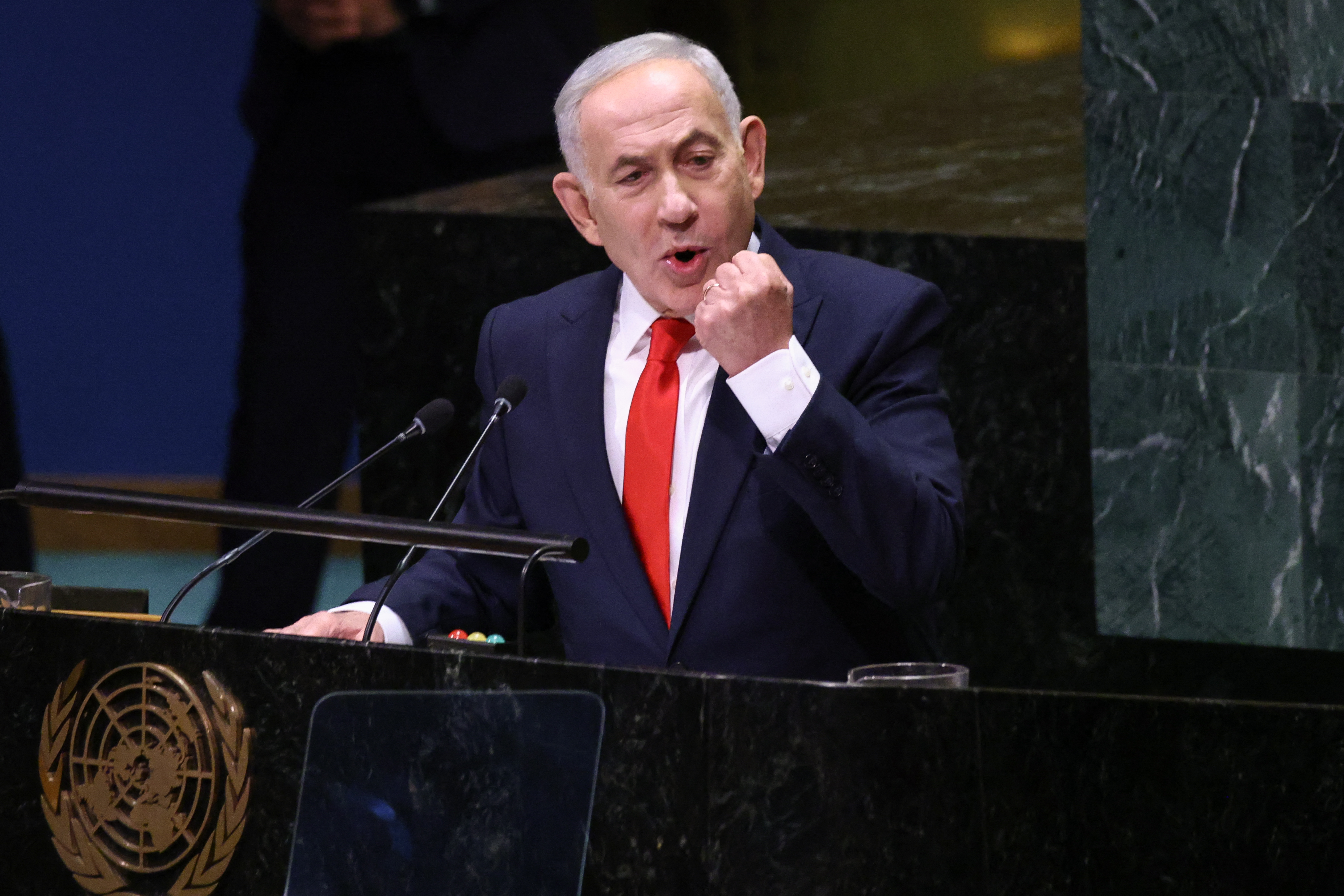 Israel's Prime Minister Benjamin Netanyahu speaks during the 81st United Nations General Assembly at the United Nations Headquarters in New York, on September 24, 2026. (Photo by Leonardo MUNOZ / AFP)