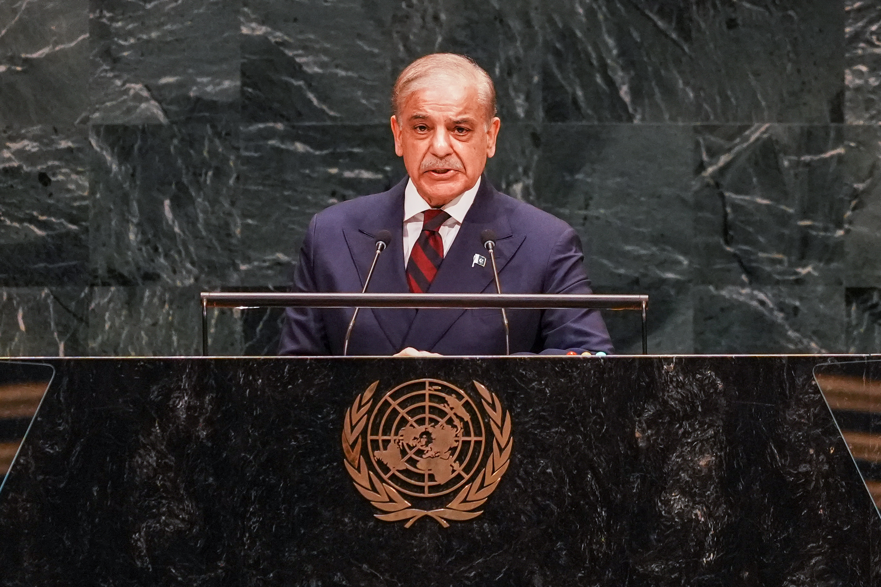 Prime Minister of Pakistan Shehbaz Sharif speaks during the 81st session of the United Nations General Assembly