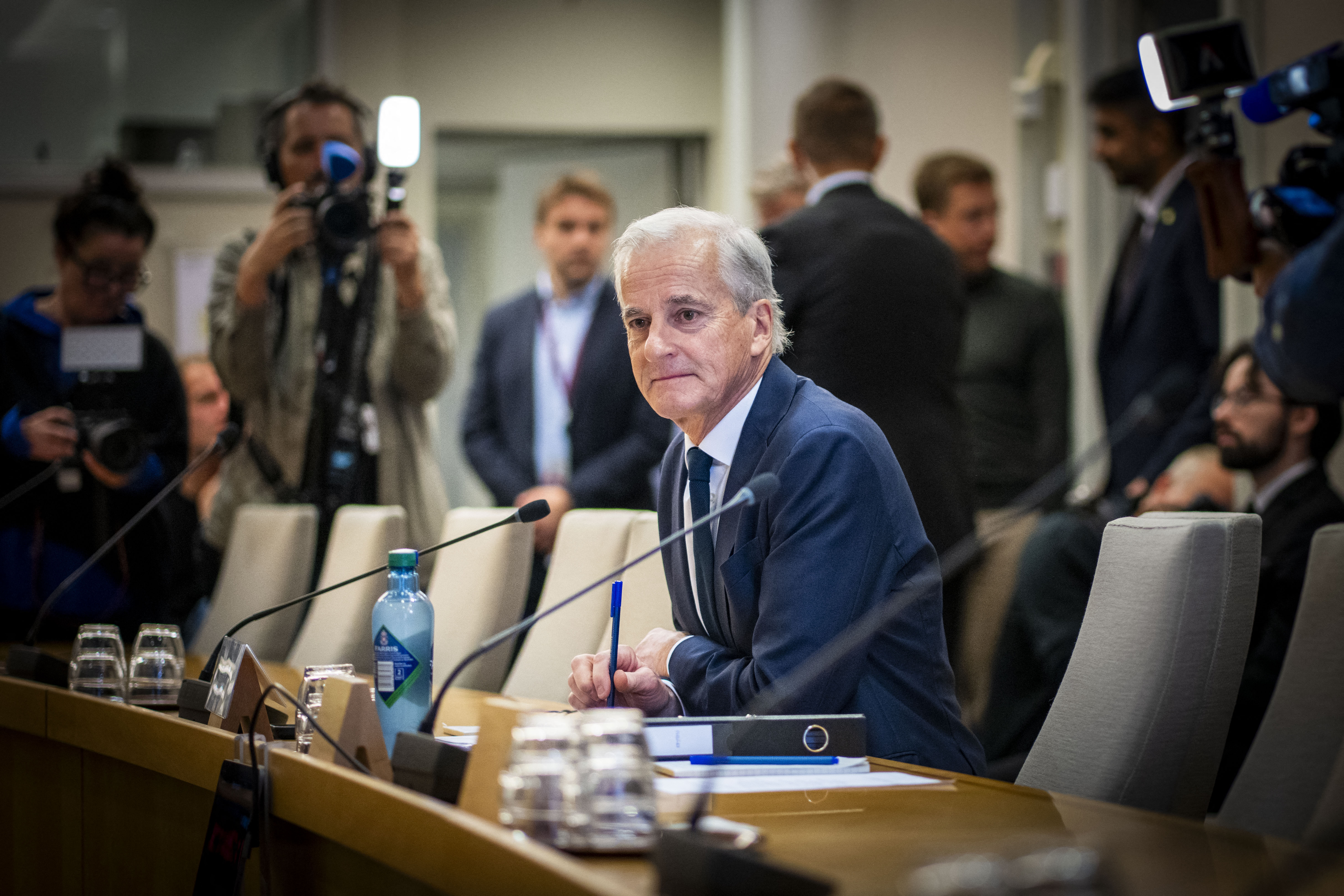 Norway's Prime Minister Jonas Gahr Stoere is pictured during the Storting's Control and Constitutional Committee open hearing on the practice in the Ministry of Foreign Affairs and Jeffrey Epstein's network in Norway, in Oslo on September 30, 2026.