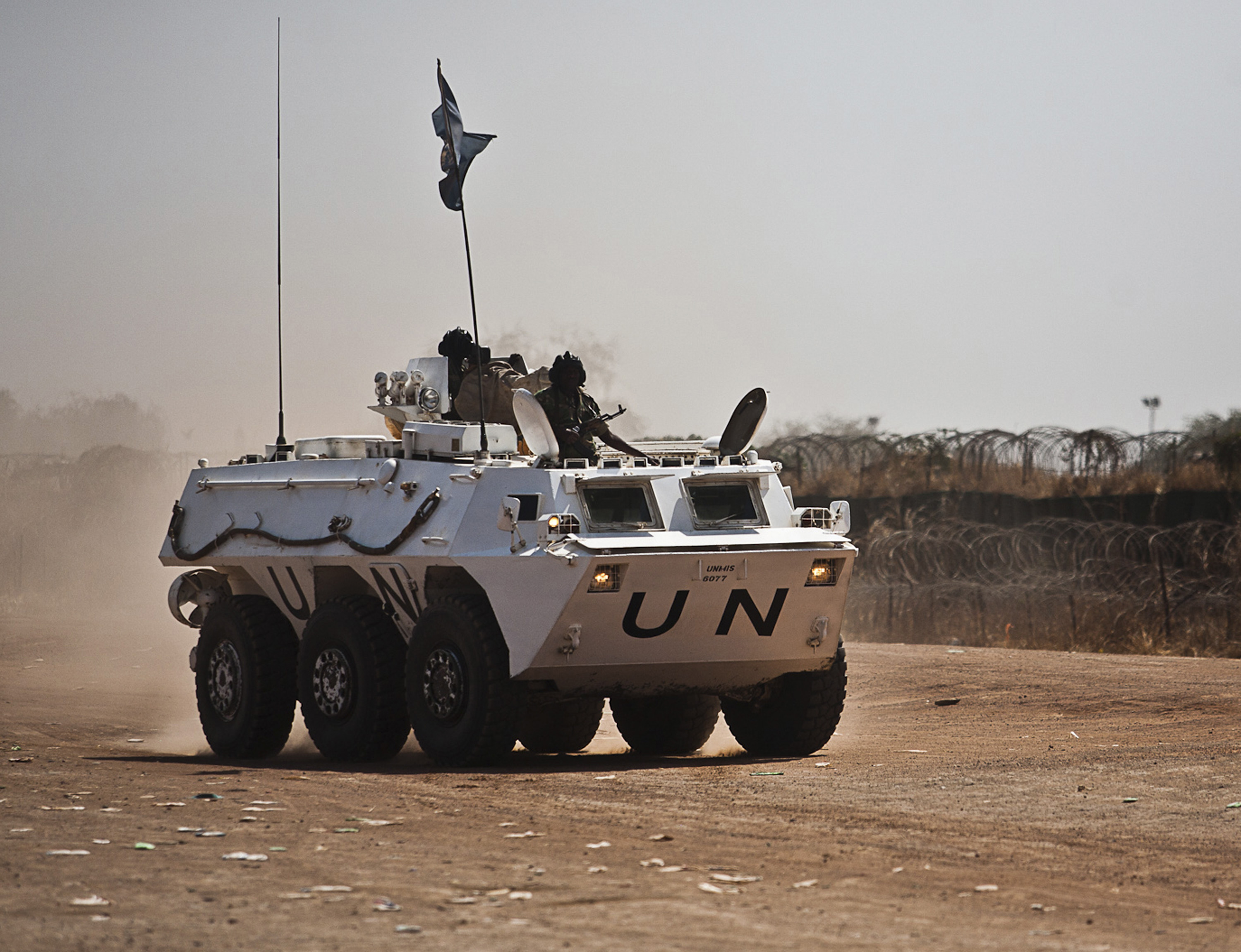 A UNMIS peacekeeper patrol on APC in Abyei, Sothern Sudan, Friday, March 11, 2011.Scores of villagers have died in recent fighting in Southern Sudan despite the presence of 10,000 U.N. troops mandated with protecting civilians. Now, internal documents say U.N. officials have ordered the peacekeepers not to operate in an area where civilians are at risk in upcoming battles, after being asked to avoid the region by the south's military.(AP Photo/Tim Freccia)