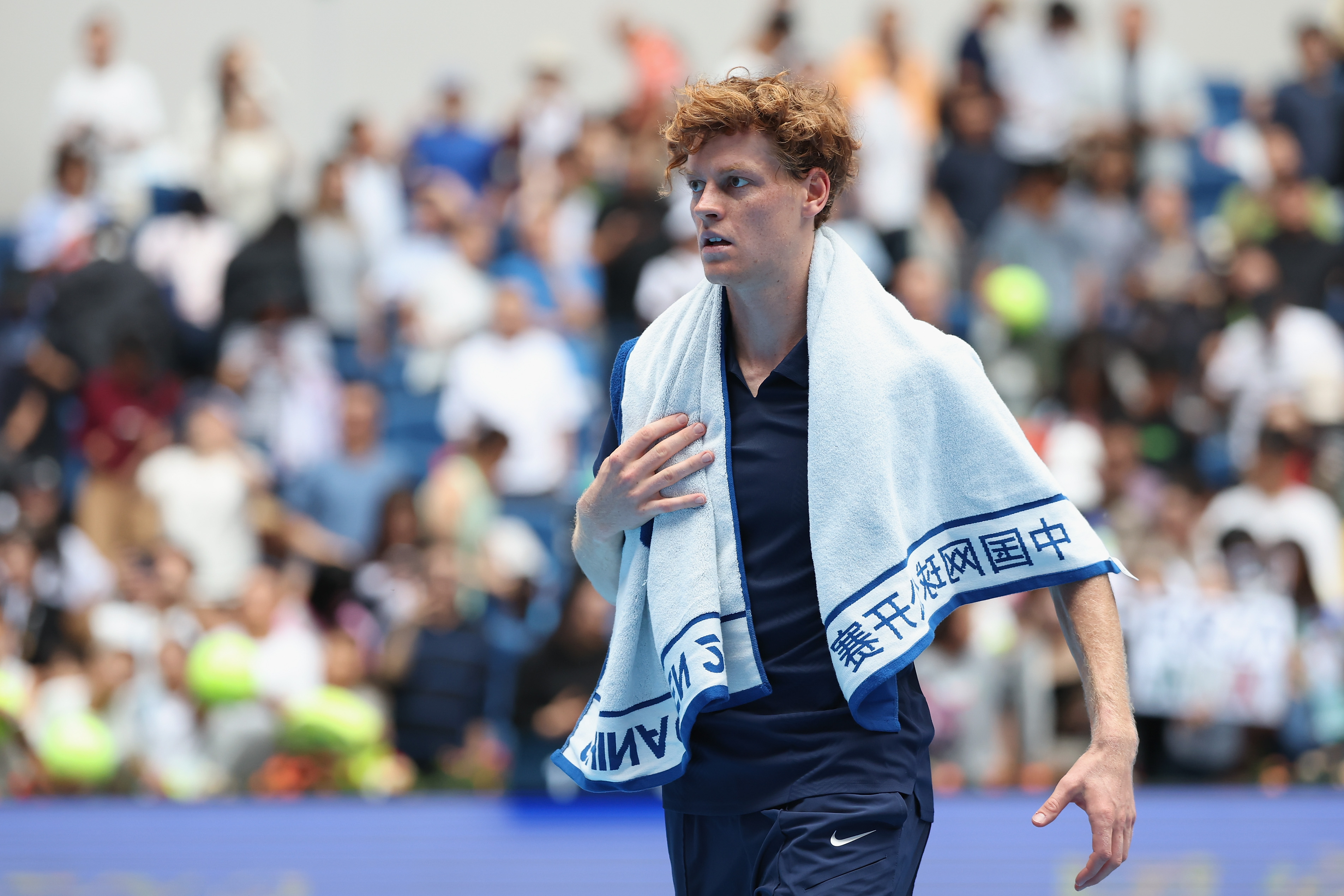BEIJING, CHINA - OCTOBER 01: Jannik Sinner of Italy reacts after winning the Men's Singles final match against Learner Tien of the United States on day 10 of 2025 China Open at National Tennis Center on October 01, 2025 in Beijing, China. (Photo by Lintao Zhang/Getty Images)