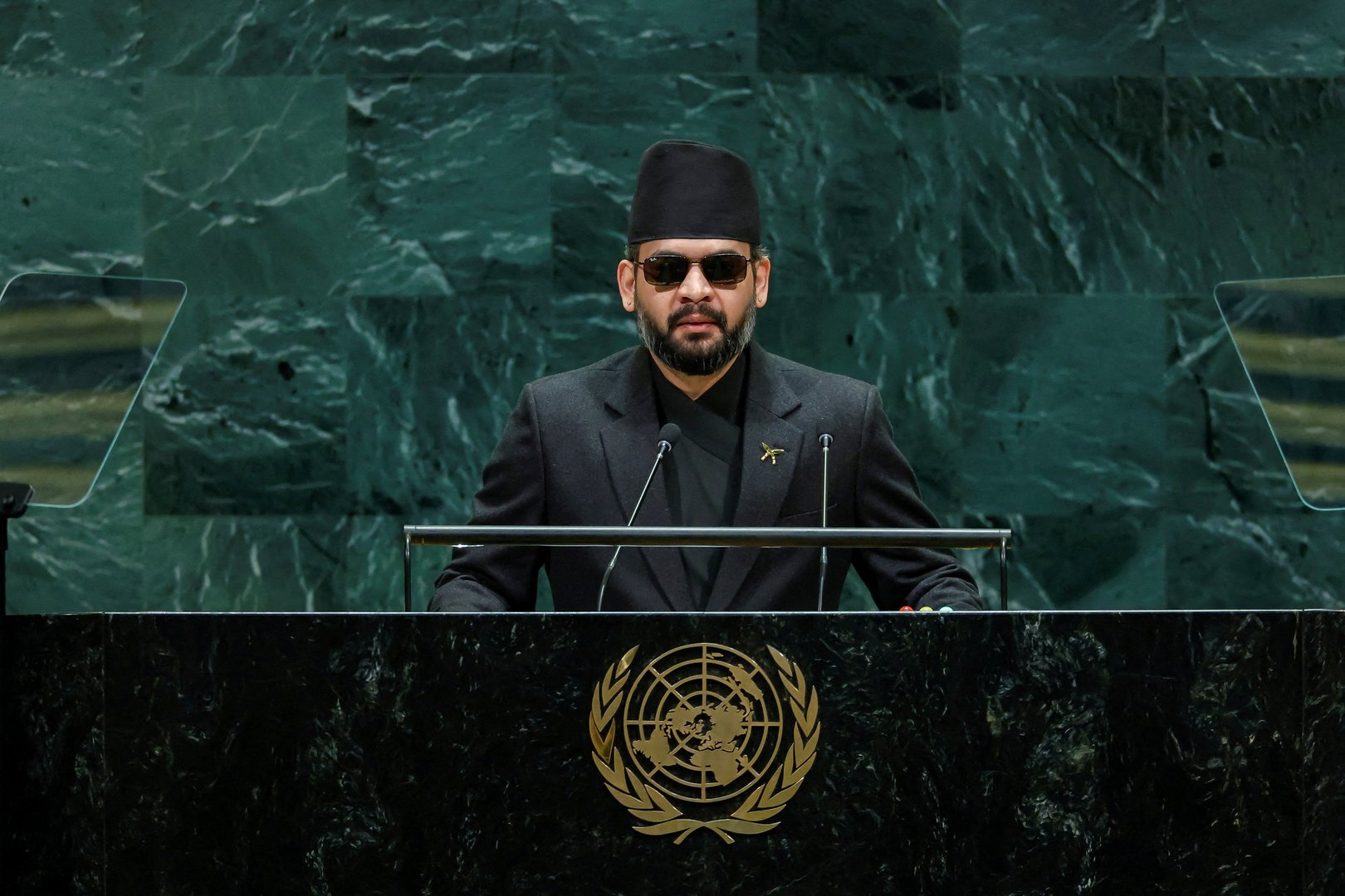 Nepali Prime Minister Balendra Shah speaking at the United Nations General Assembly on 24th of September, 2026. [Eduardo Munoz/REUTERS]