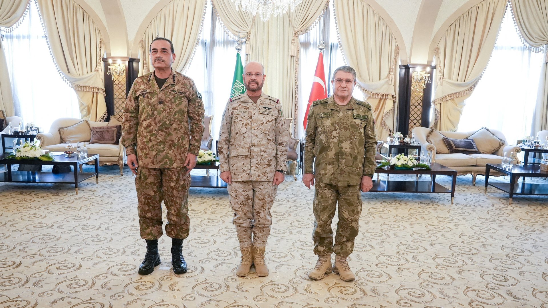 Turkish Chief of General Staff General Selcuk Bayraktaroglu meets with Saudi Arabia's Chief of General Staff General Fayyadh bin Hamed Al-Ruwaili and Pakistan's Chief of Defence Forces and Chief of Army Staff Field Marshal Asim Munir in Riyadh, Saudi Arabia, September 25, 2026. [Turkish Defence Ministry/Handout]