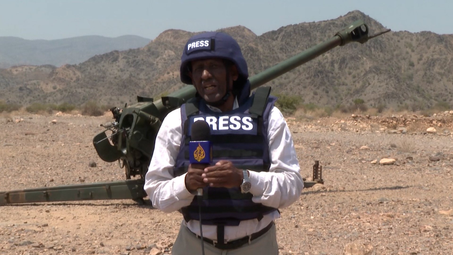 Al Jazeera's Mohammed Tawakul standing near the front lines in Afar region, Ethiopia.