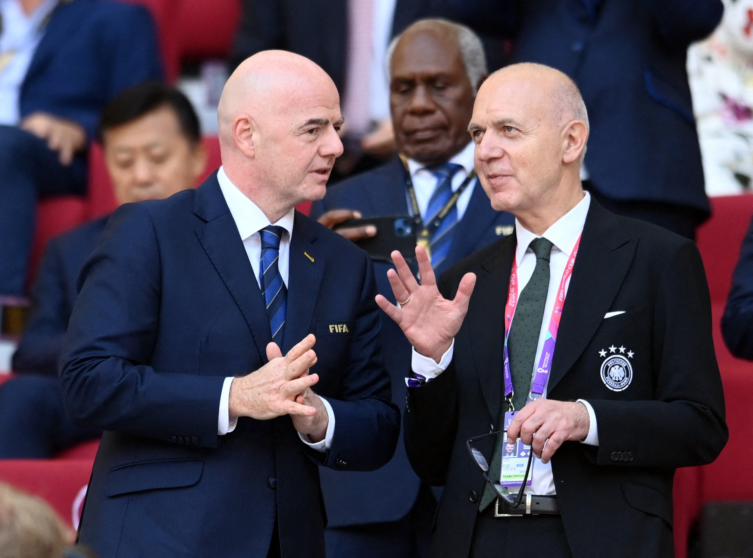 President of the German Football Association Bernd Neuendorf with FIFA president Gianni Infantino pictured in a stand before the match.