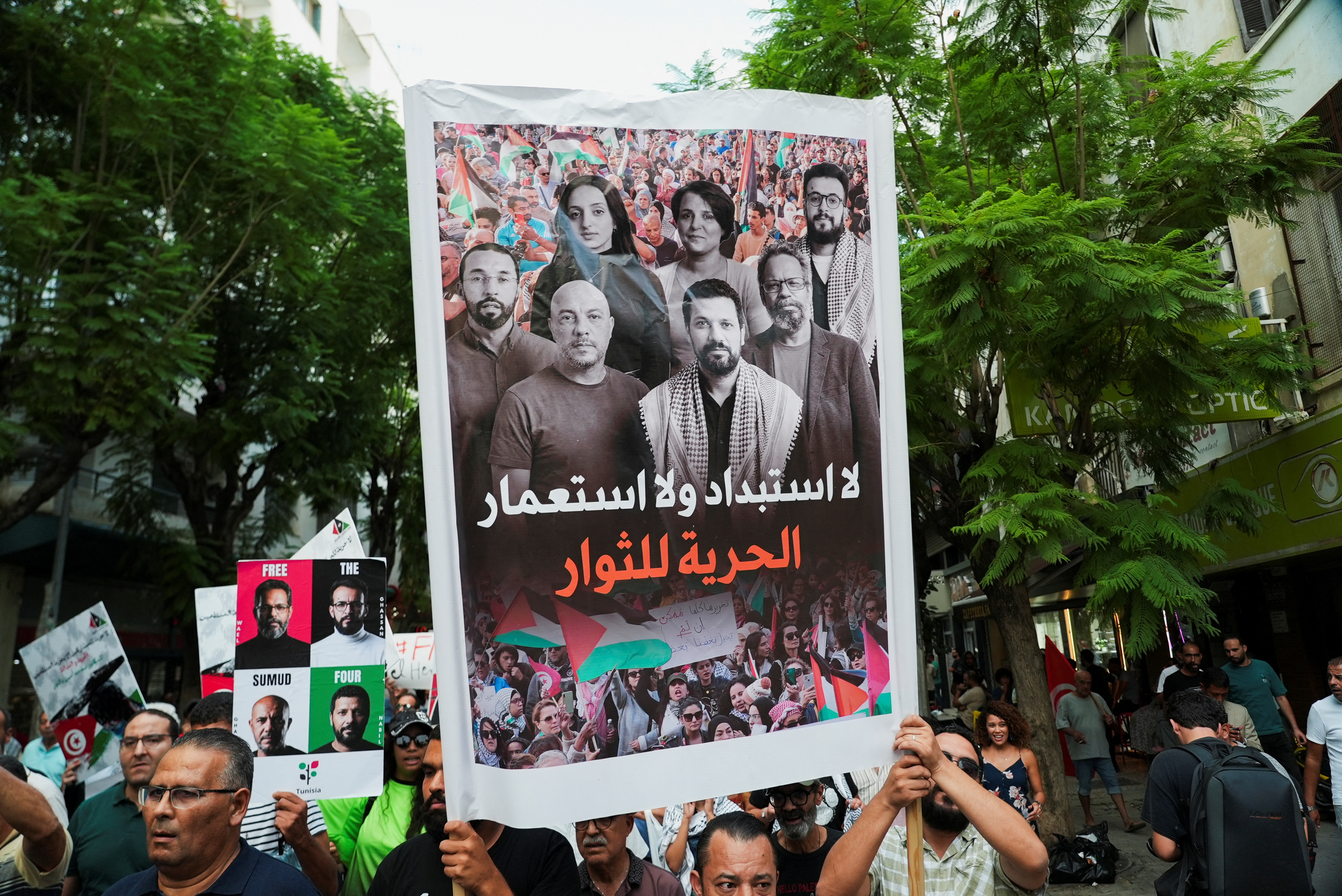 Supporters of detained pro-Palestinian activists protest to demand their release in Tunis, Tunisia. [September 19: Stringer/Reuters]