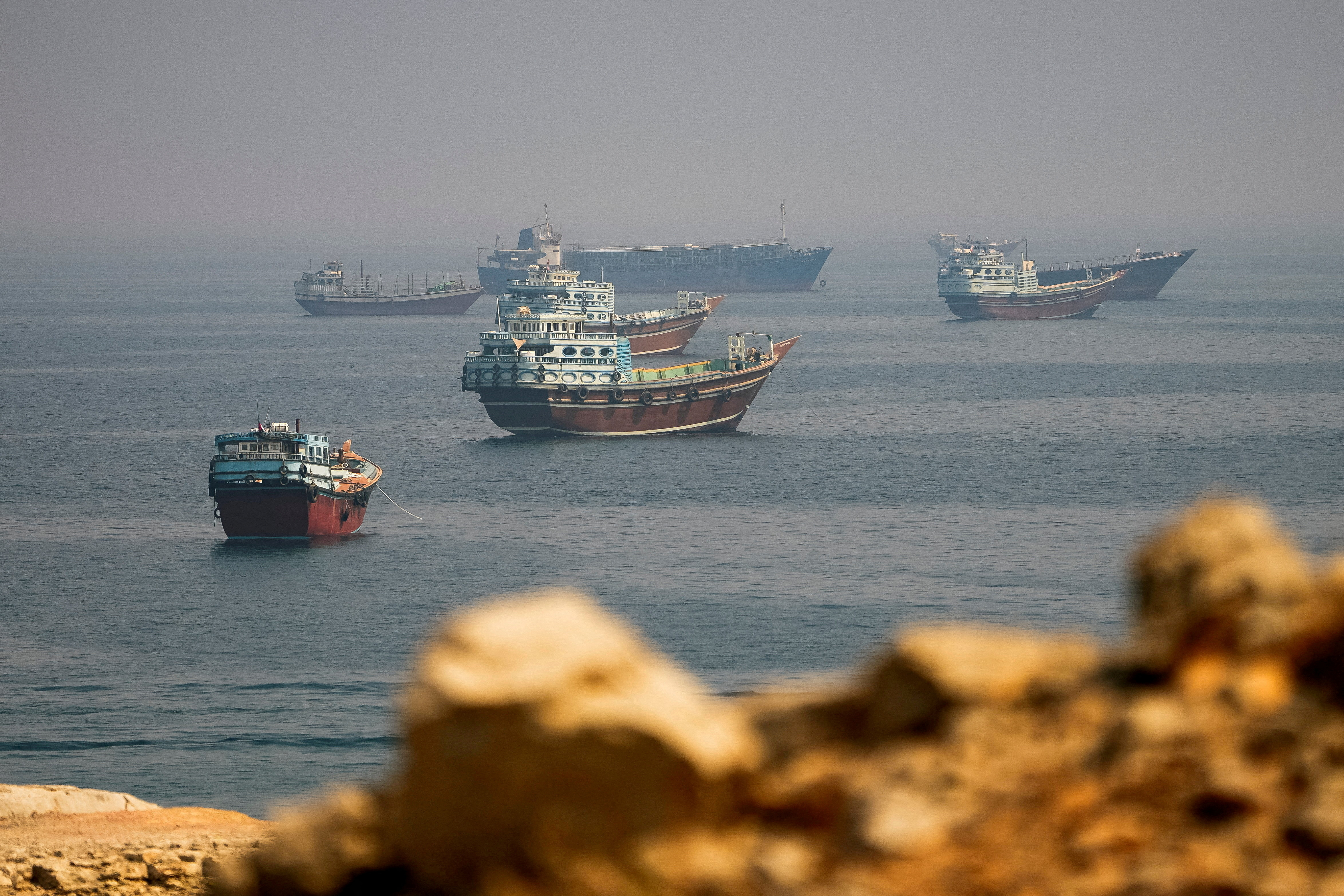 FILE PHOTO: Vessels near the Strait of Hormuz, as seen from Musandam, Oman, August 31, 2026. REUTERS/Stringer/File Photo