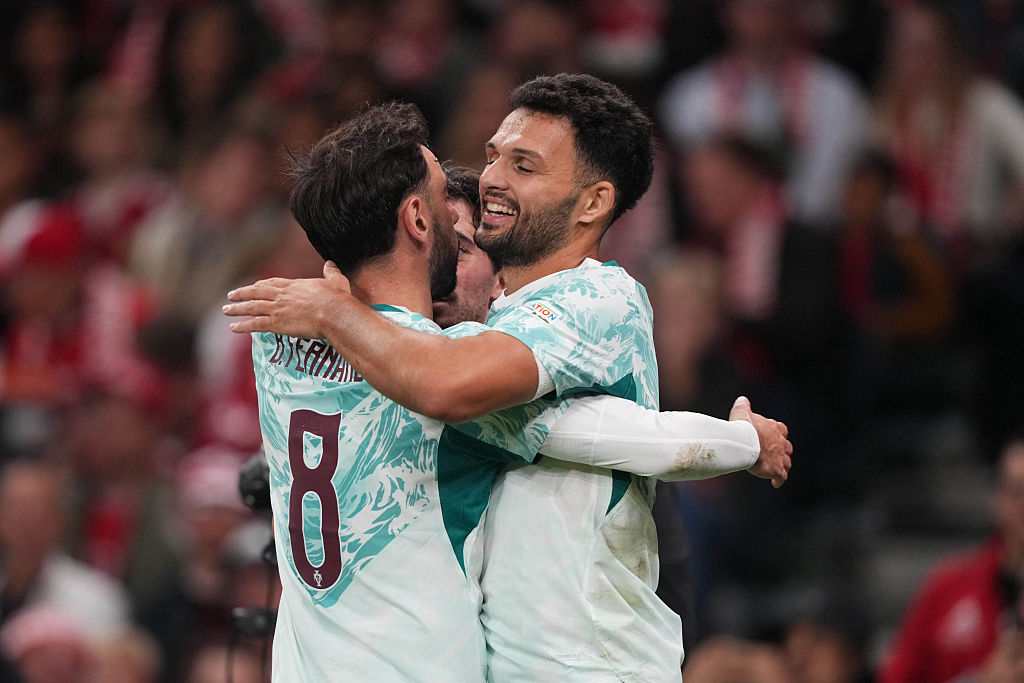 Vitinha (Portugal) scores and celebrates his teams third goal during Group Stage, UEFA Nations League, Denmark and Portugal